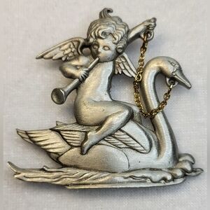 Vintage JJ Jonette Cherub Riding Swan Brooch / Pin
